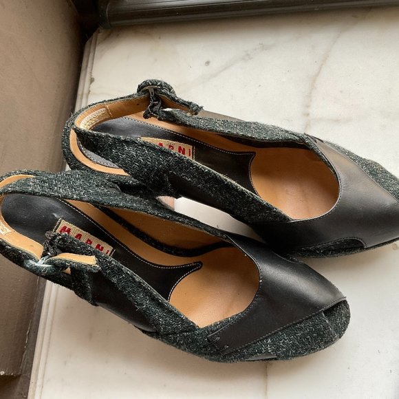 MARNI dark green tweed and black leather platform  pumps - Picture 6 of 8